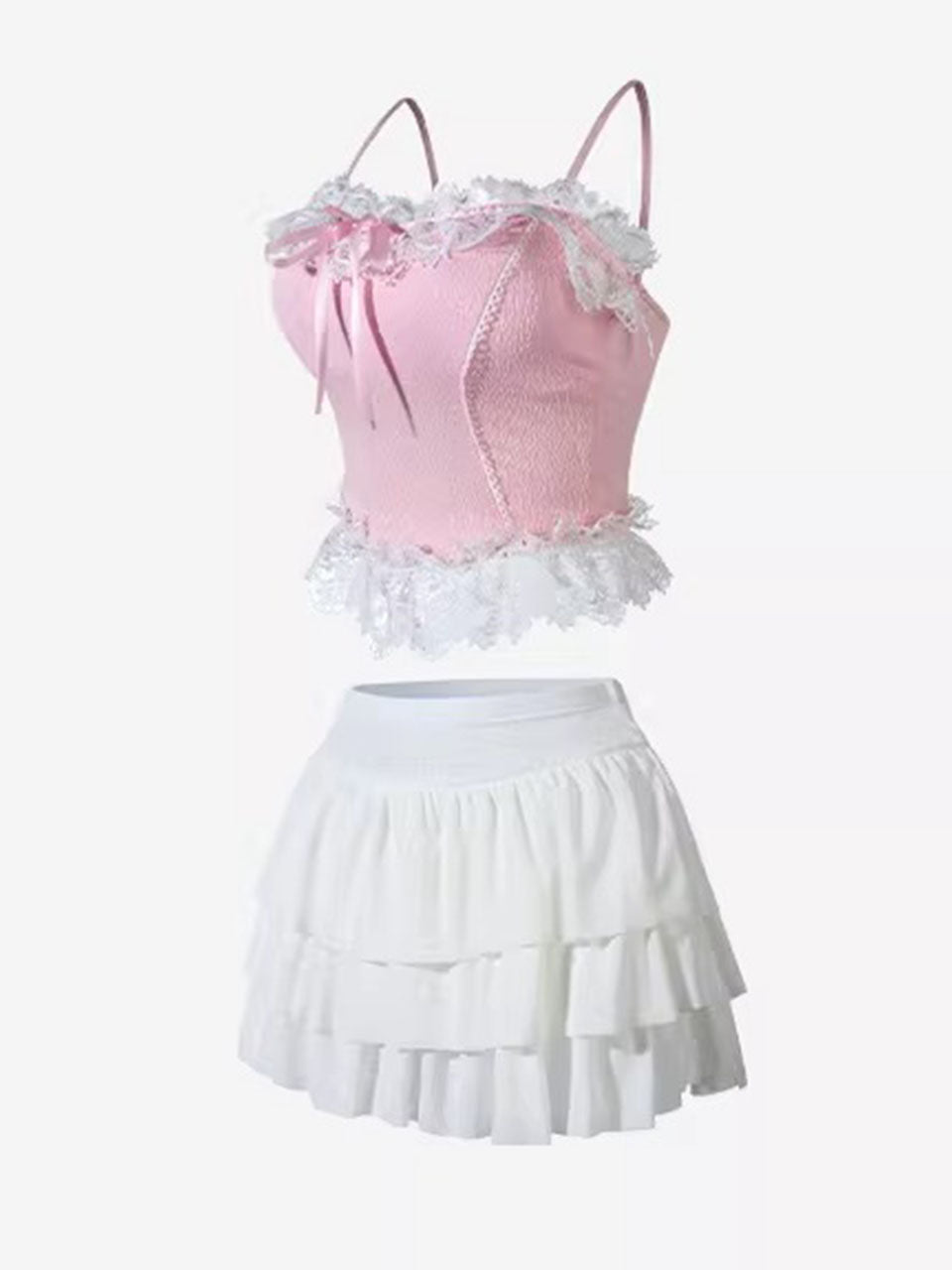 Pink Lace Bandeau and White Tutu Skirt Bikini Set  Two Piece High Waist Swimsuit