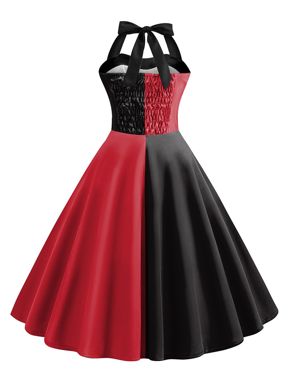 Red & Black Split Halter Dress, Halloween Gothic Jester Cosplay Vintage 1950s Party Swing Dress