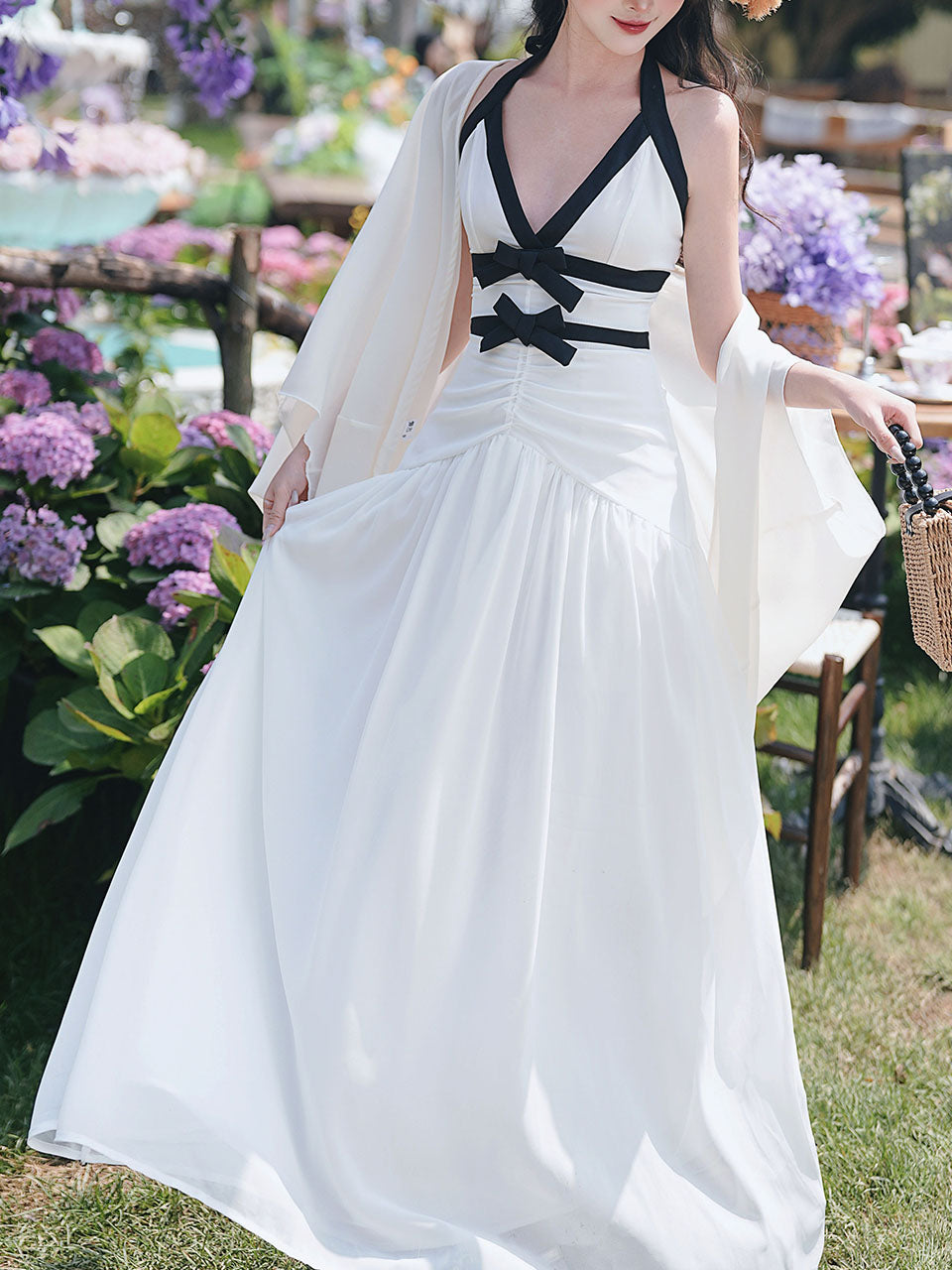 White Halter Neck Backless Vintage Dress