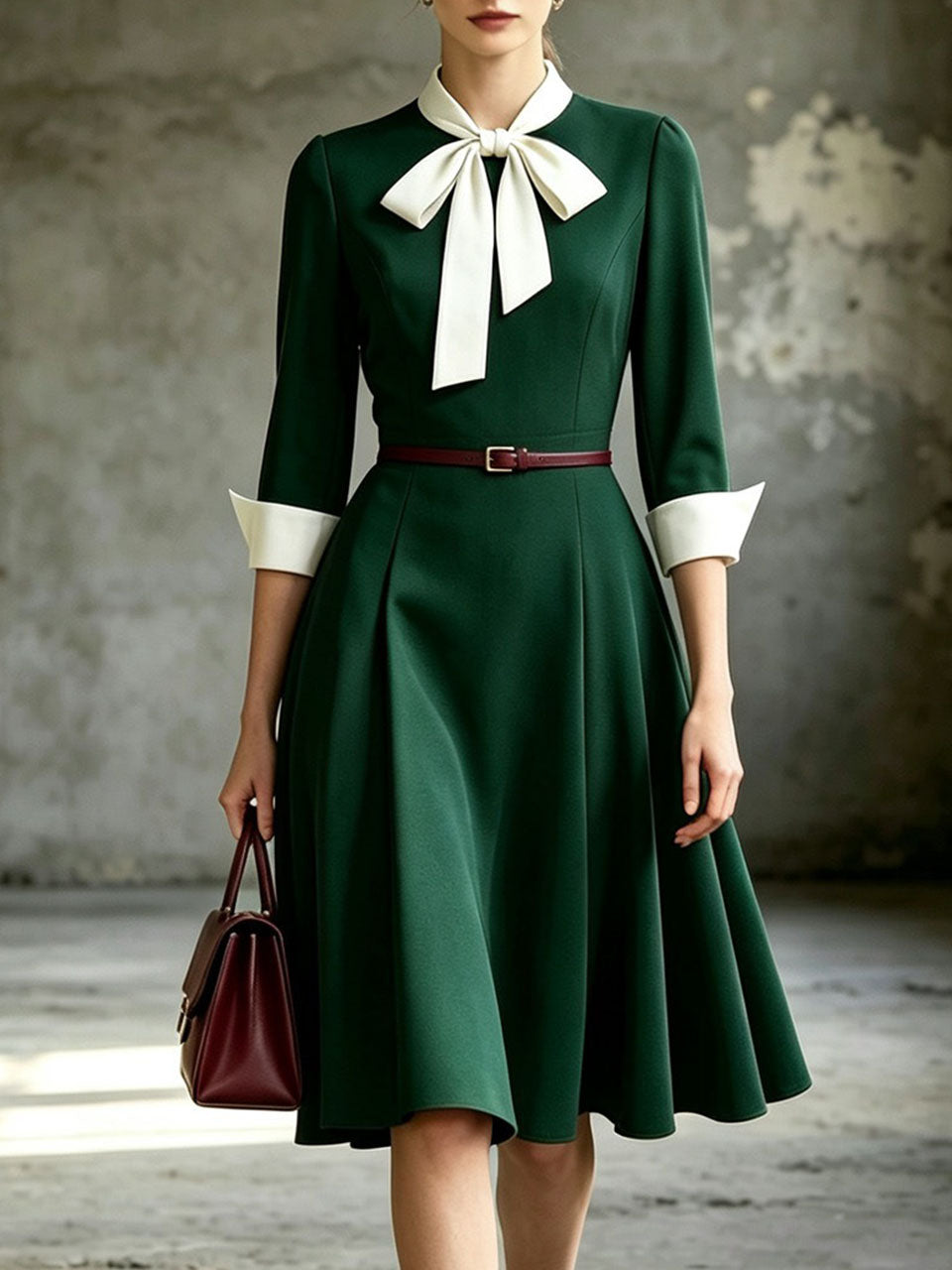 1950s Emerald Green Bow Tie Swing Dress 3/4 Sleeves