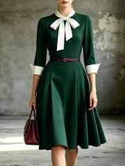 1950s Emerald Green Bow Tie Swing Dress 3/4 Sleeves