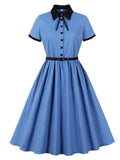 Audrey Hepburn Style Vintage Blue 1950s Cotton Shirt Dress