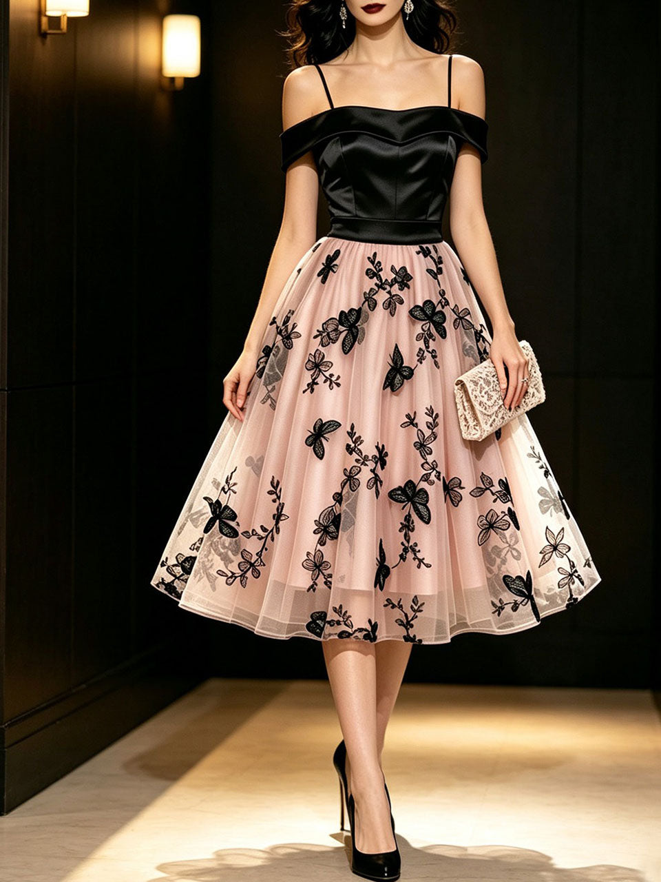 1950s Off-The-Shoulder Satin & Pink Butterfly Mesh Swing Dress