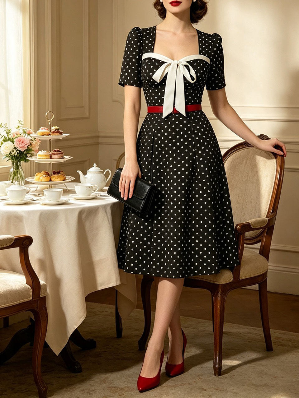 Vintage Black Polka Dot Bow Tie Swing Dress