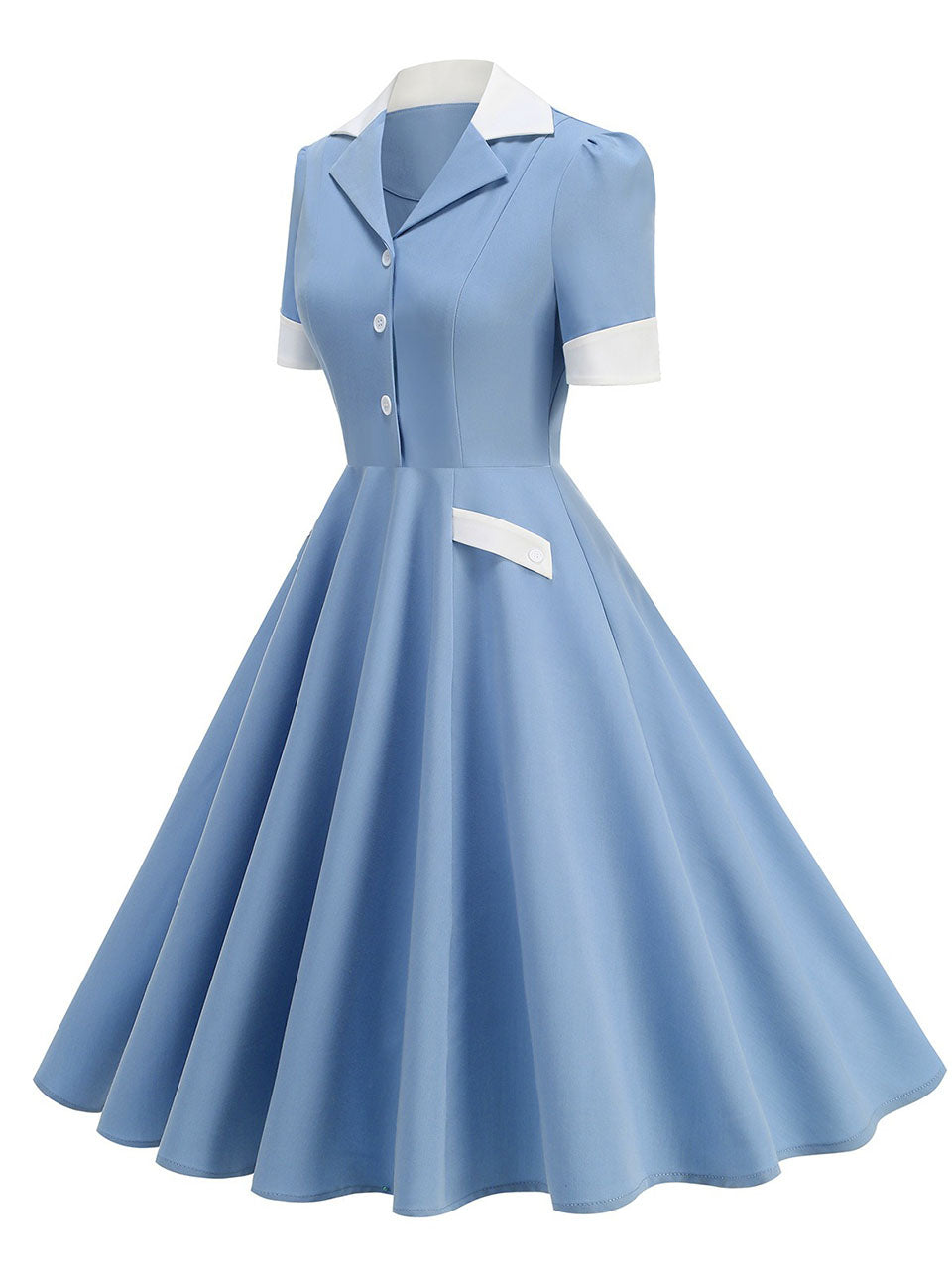 1950s Vintage Notch Lapel Short Sleeve Polka Dot Swing Dress