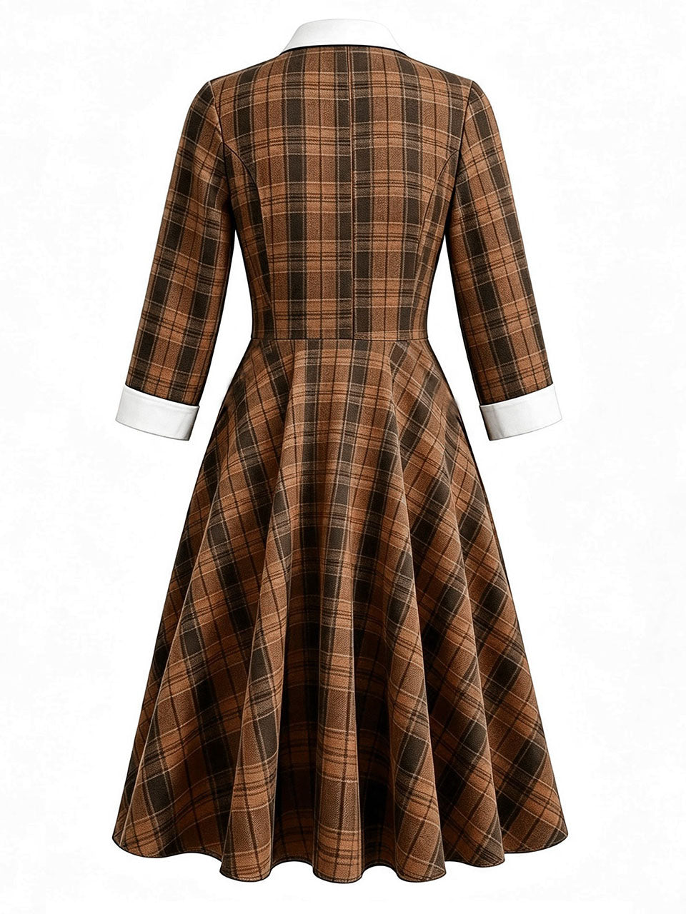 Vintage 1950s Brown Plaid Peter Pan Collar Midi Swing Dress