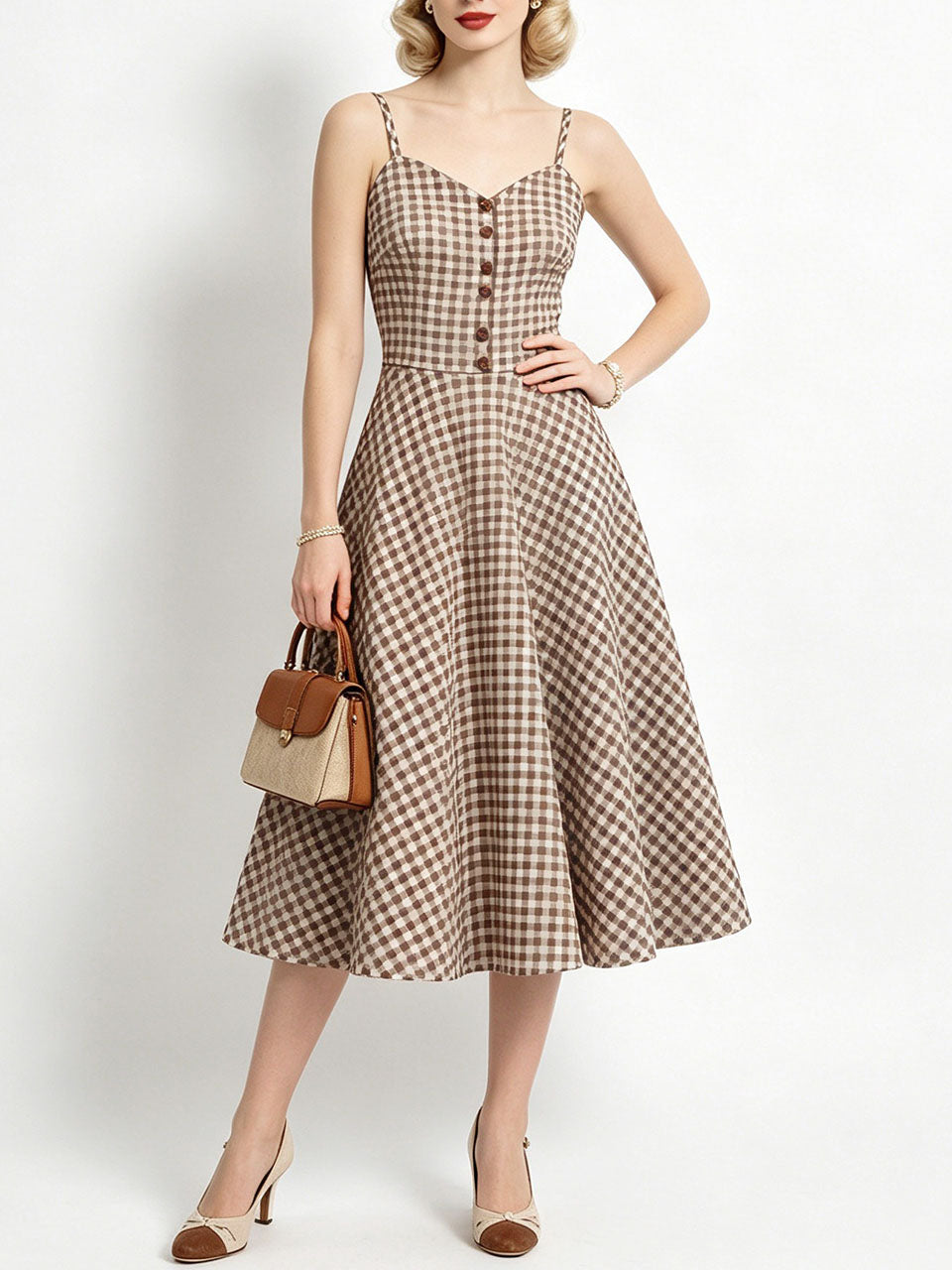 1950s Green Gingham Button Front Spaghetti Strap Swing Summer Picnic Dress