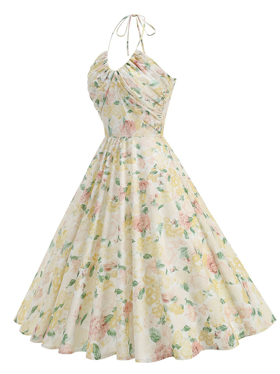 Yellow Floral Print Halter Neck Vintage Dress