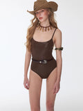 Minimalist Chocolate Brown One Piece Swimsuit Scoop Neck Backless Vintage Western Style  Monokini