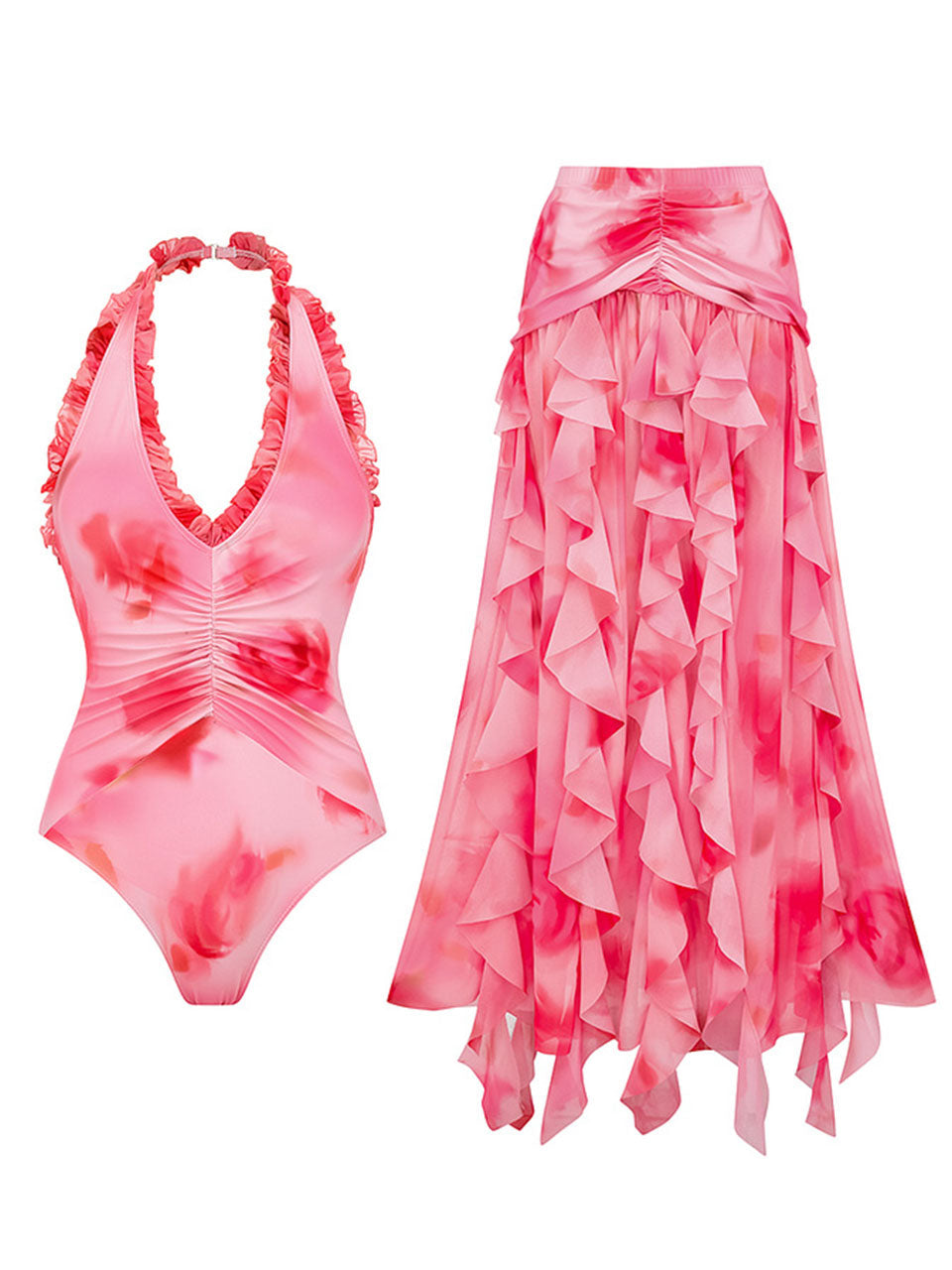 Pink Floral Print Halter Neck One-piece Swimsuit