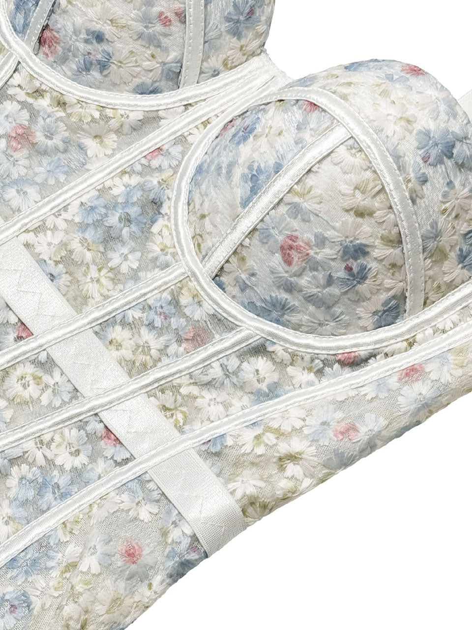 Pink Floral Embroidered Corset Top - Sheer Boned Spaghetti Strap Bustier