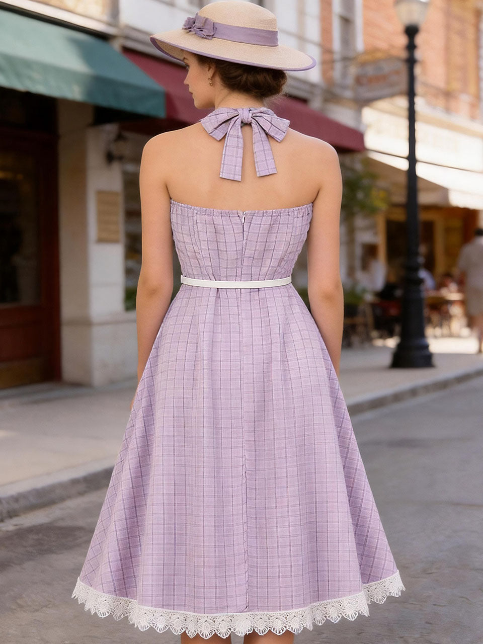 1950s Purple Plaid Vintage Halter Swing Dress