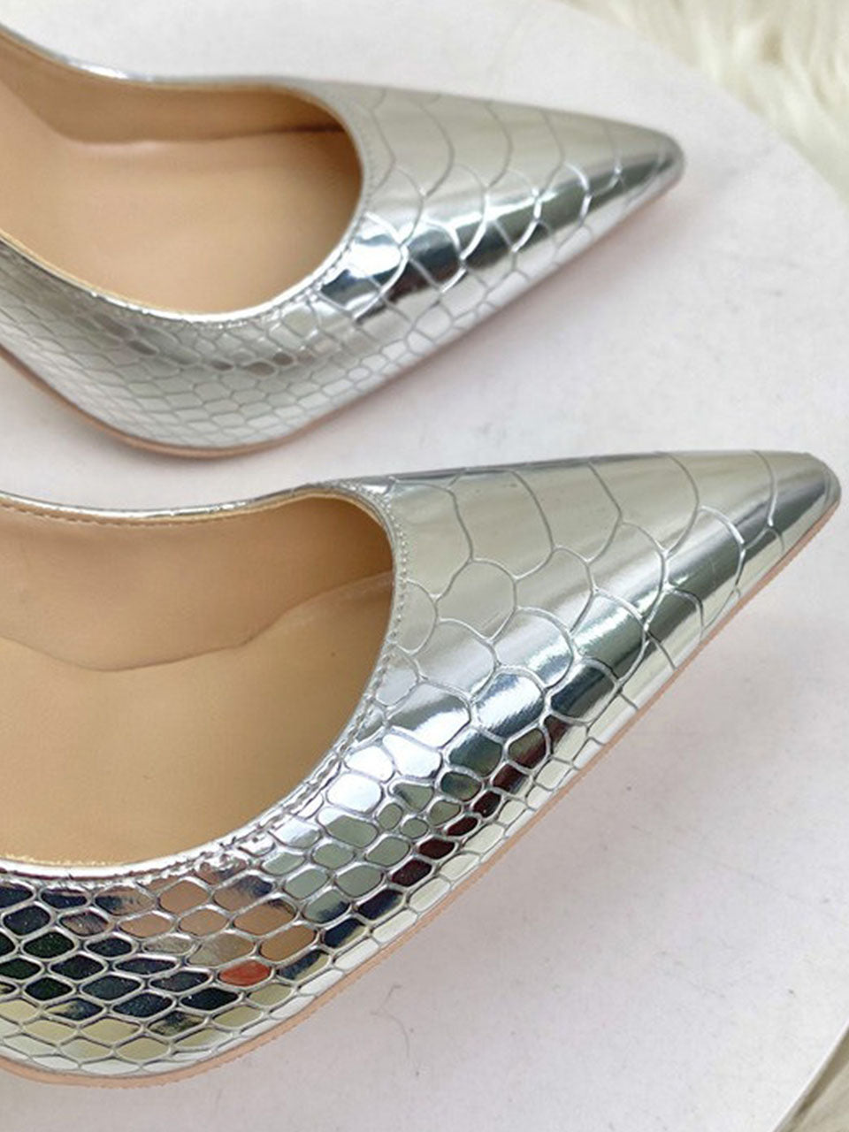 8CM High Heel Pointed Toe Metallic Silver Leather Shoes
