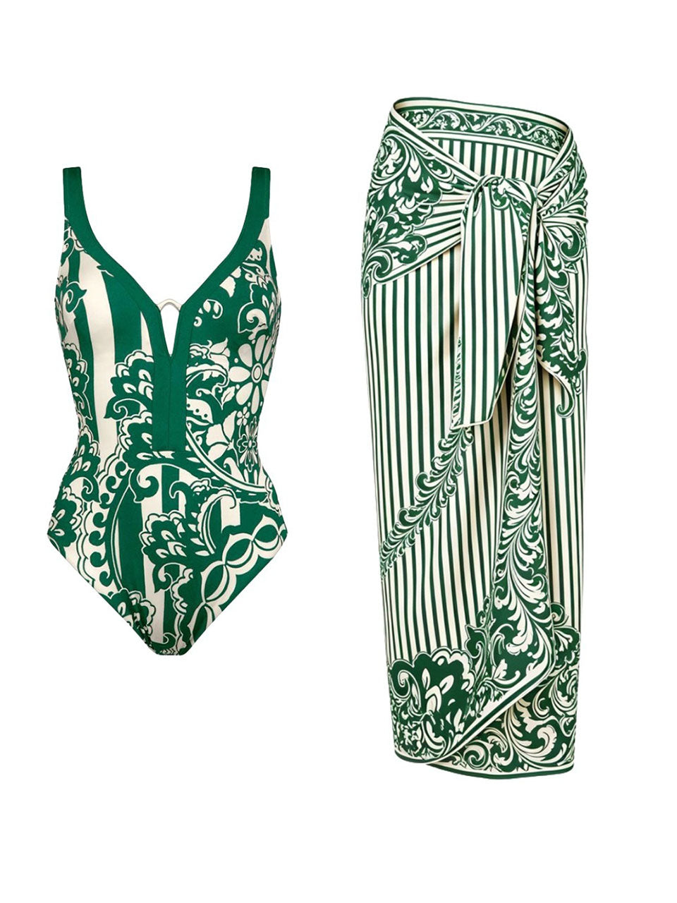 2PS Green and White Paisley Tile Print V-Neck Swimsuit and Stripe Sarong Set