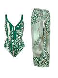 2PS Green and White Paisley Tile Print V-Neck Swimsuit and Stripe Sarong Set