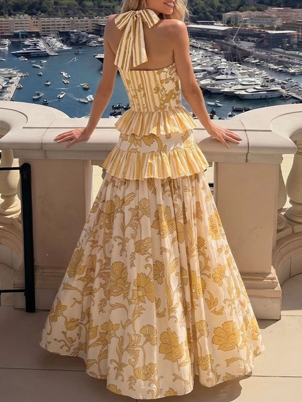 Yellow Floral Striped Halter Swimsuit & Tiered Ruffled Maxi Skirt Set