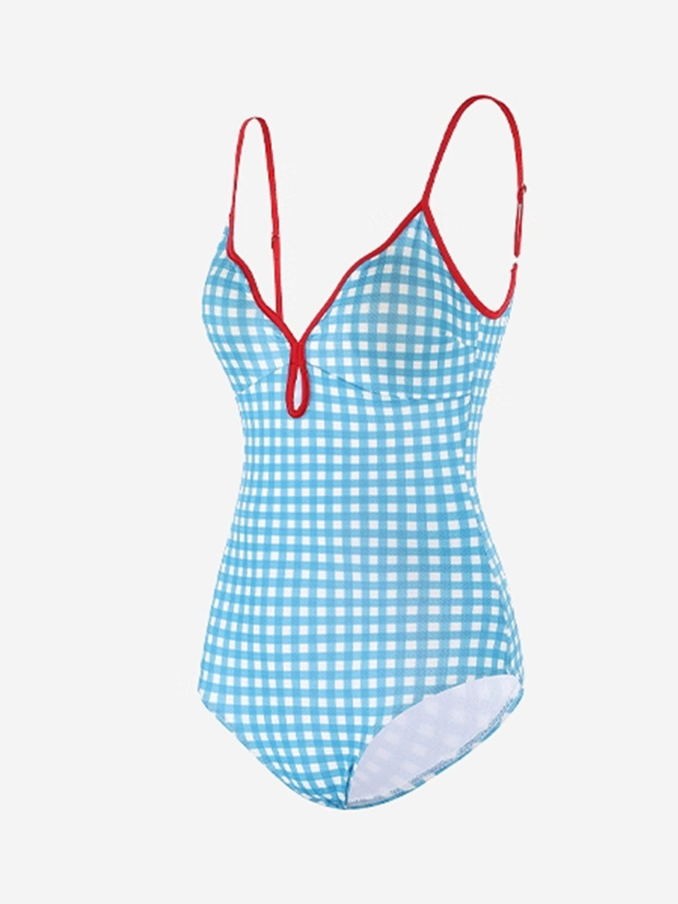 Blue Plaid Red Trim V-Neck One Piece Vintage Swimsuit
