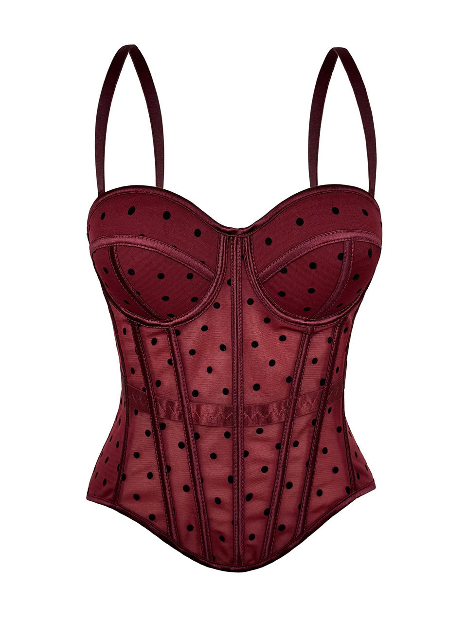 Pink Polka Dot Mesh Corset Top - Sheer Boned Spaghetti Strap Bustier