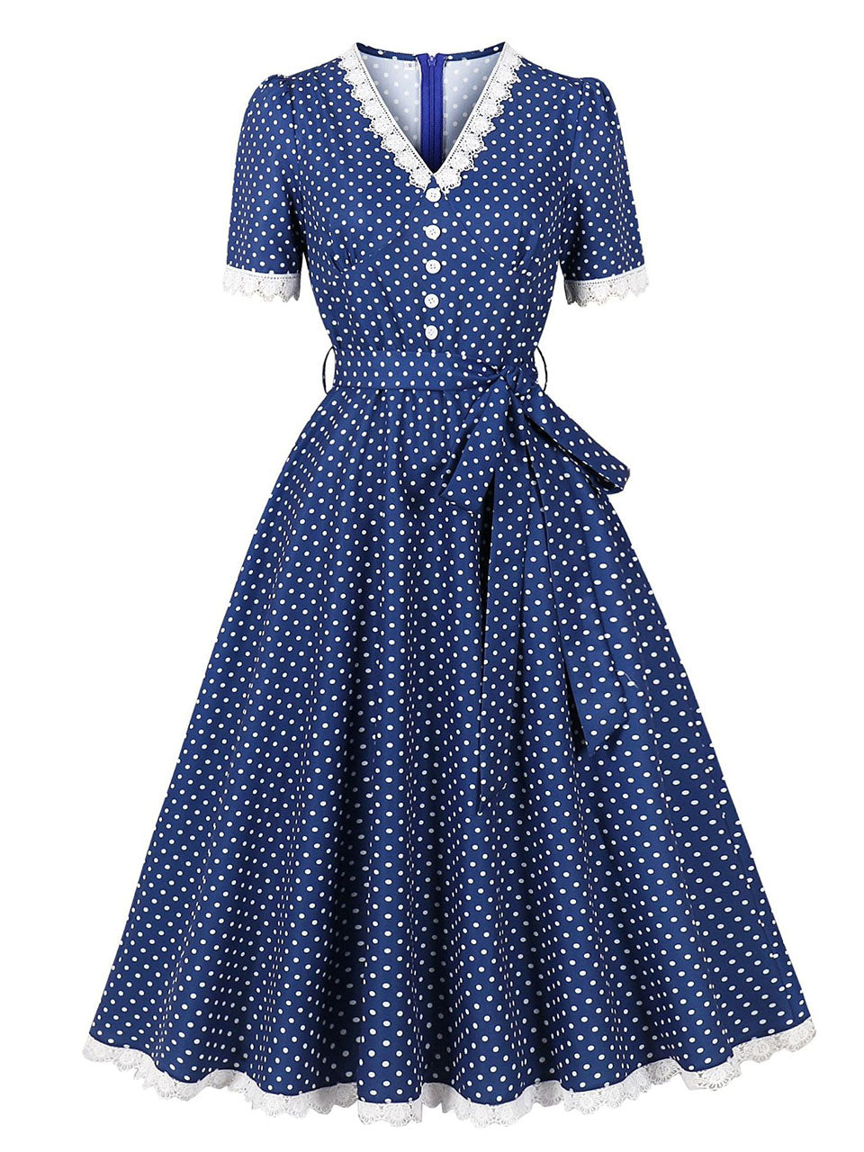 Vintage Lace Red V Neck Polka Dots 1950s Swing Dress