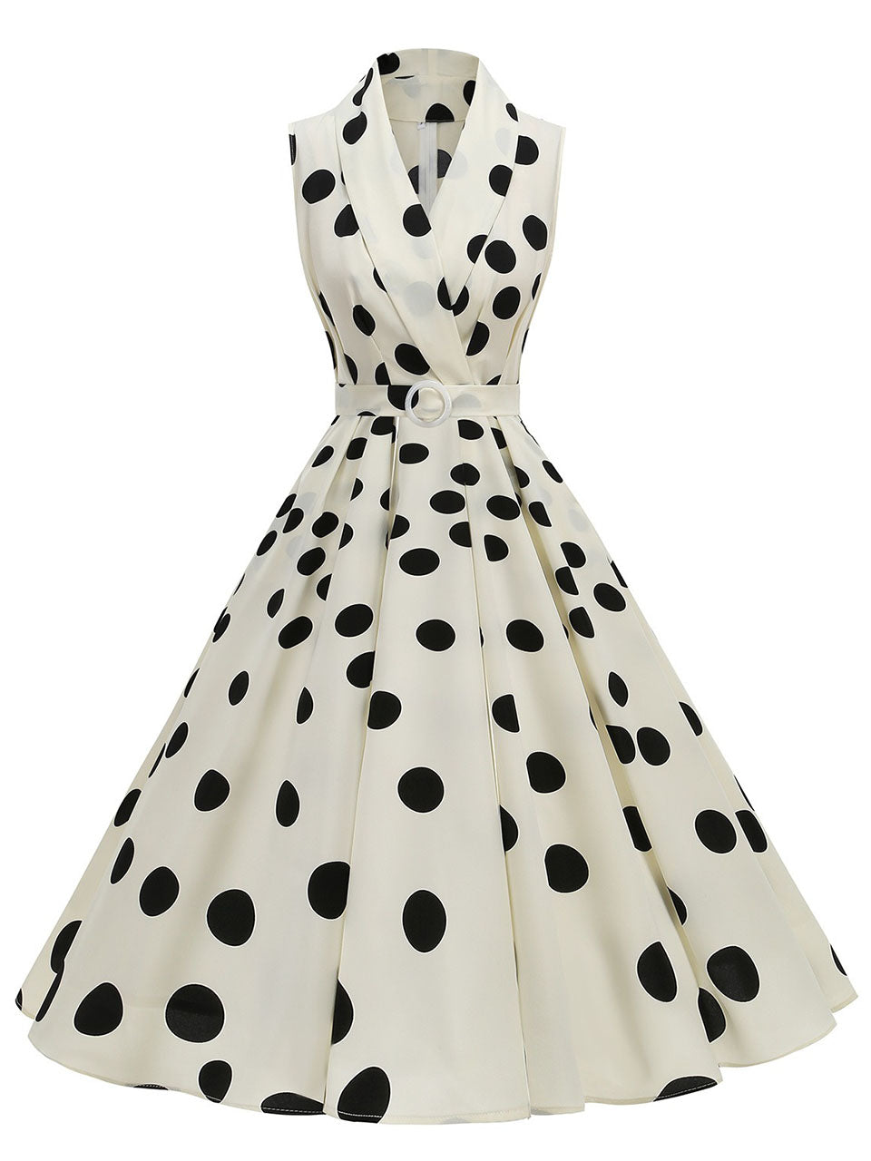 1950s Vintage Audrey Hepburn Style White Polka Dots Swing Dress