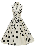1950s Vintage Audrey Hepburn Style White Polka Dots Swing Dress