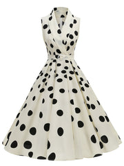 1950s Vintage Audrey Hepburn Style White Polka Dots Swing Dress