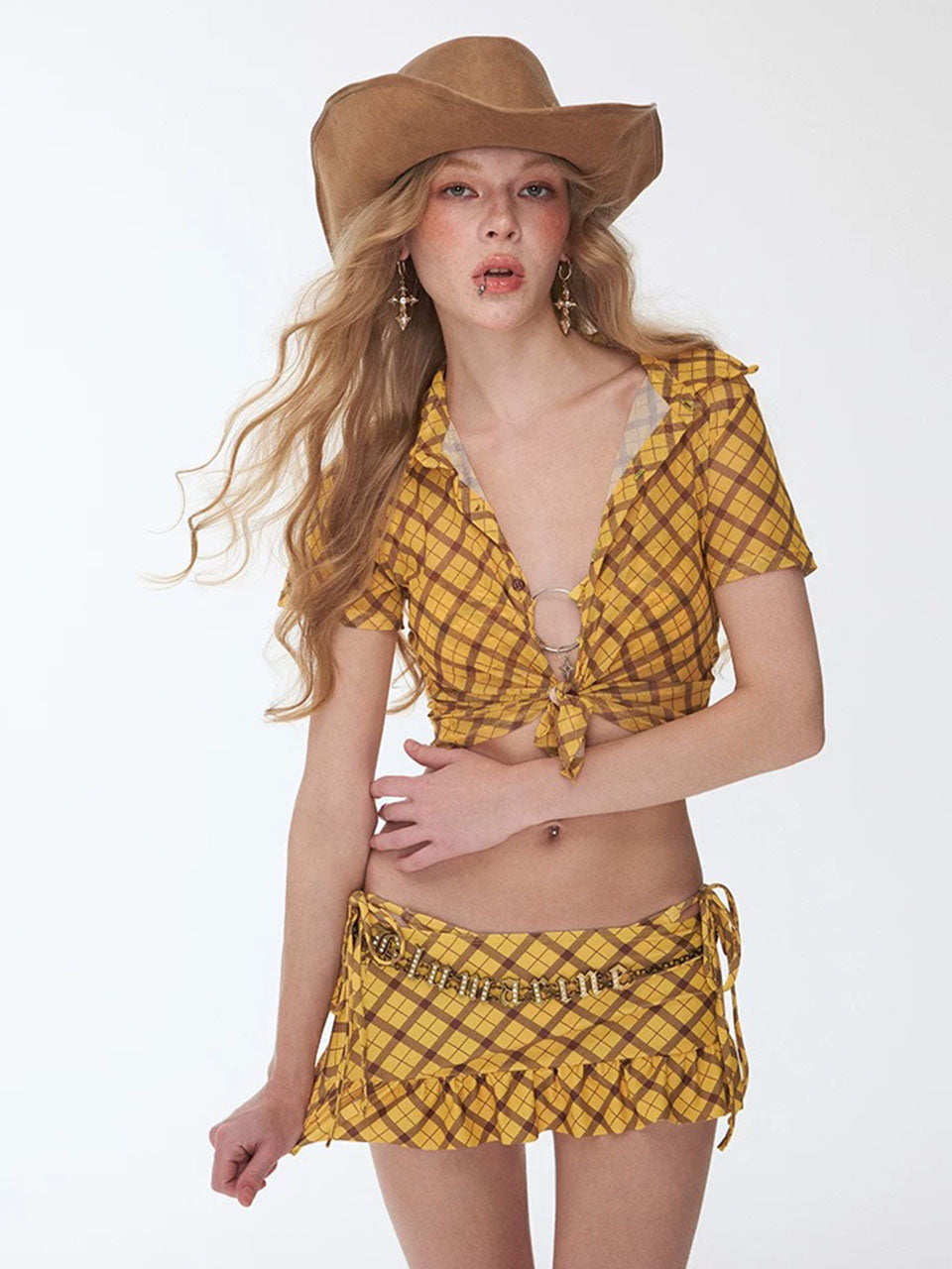 Yellow Plaid Ruffle Skirt Bikini Set Vintage Cowgirl Two Piece Swimsuit