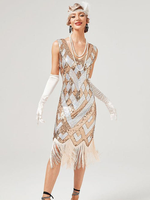 1920s Flapper Dress Gatsby Costume Geometric Sequined Fringe Party Dress