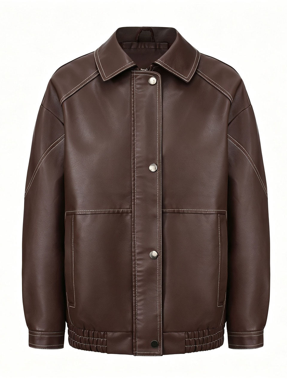 Dark Brown Contrast Stitch Faux Leather Bomber Jacket