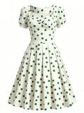 1950s Green Polka Dots Vintage Puff Sleeve Retro Swing Dress