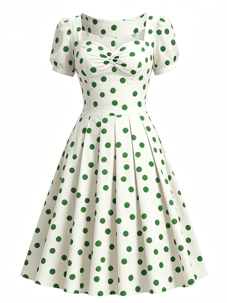 1950s Green Polka Dots Vintage Puff Sleeve Retro Swing Dress