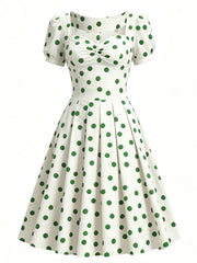 1950s Green Polka Dots Vintage Puff Sleeve Retro Swing Dress