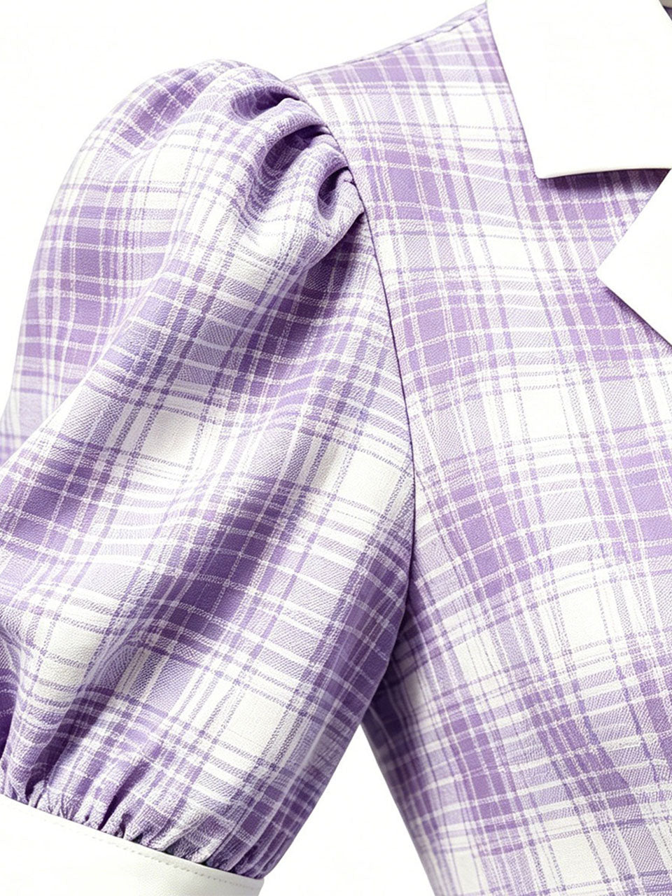 1950s Baby Blue Plaid Notch Lapel Collar Vintage Puff Sleeve Retro Swing Dress