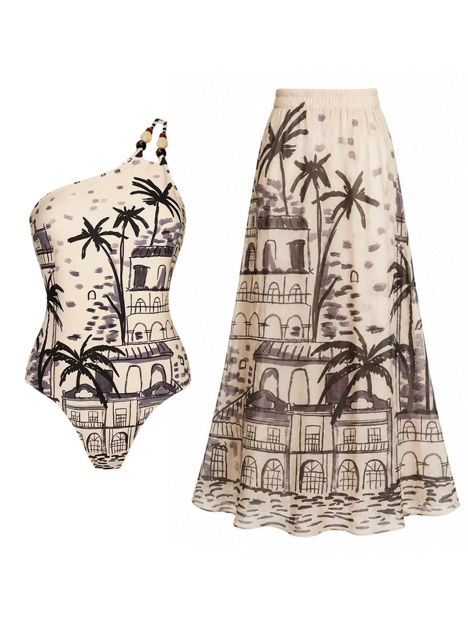 One-Shoulder Tropical Print Swimsuit & Matching Maxi Skirt Cover-Up Set