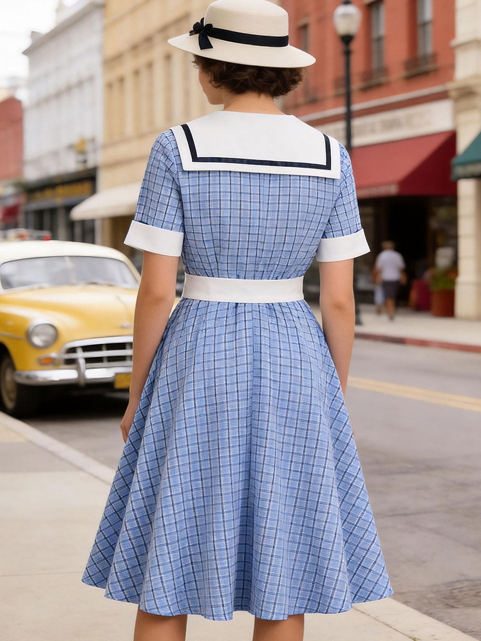 1950s Blue Plaid Vintage Sailor Collar Short Sleeve Swing Dress