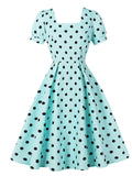 1950s Mint Blue Polka Dot Puff Sleeve Vintage Swing Dress