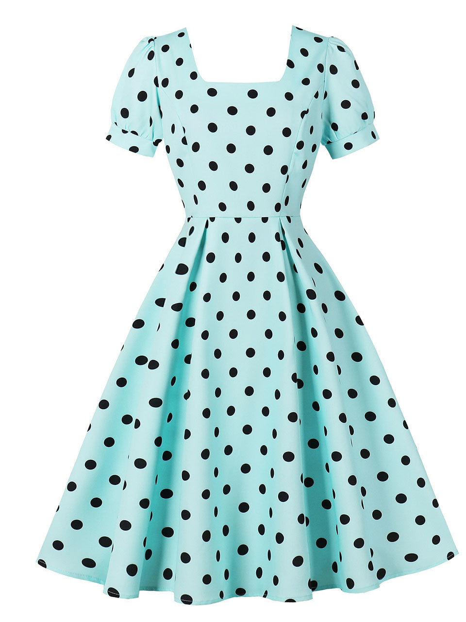 1950s Mint Blue Polka Dot Puff Sleeve Vintage Swing Dress