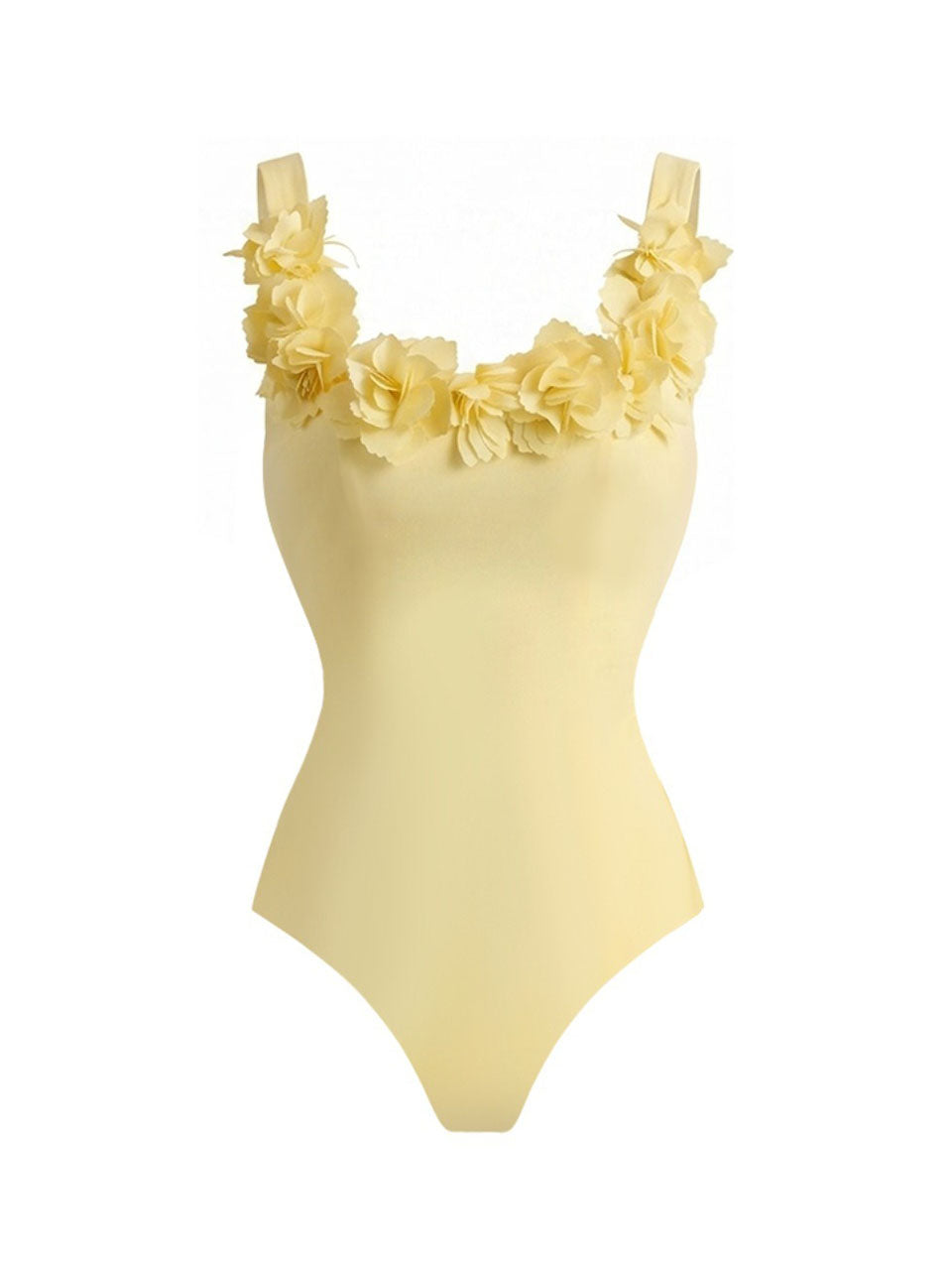 Pastel Yellow 3D Flower Applique One-Piece Swimsuit and Eyelet Cutout Long Skirt Set
