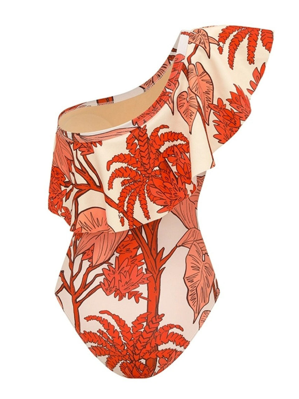 Red Tropical Print One-Shoulder Ruffle Swimsuit & Wide-Leg Pants Set