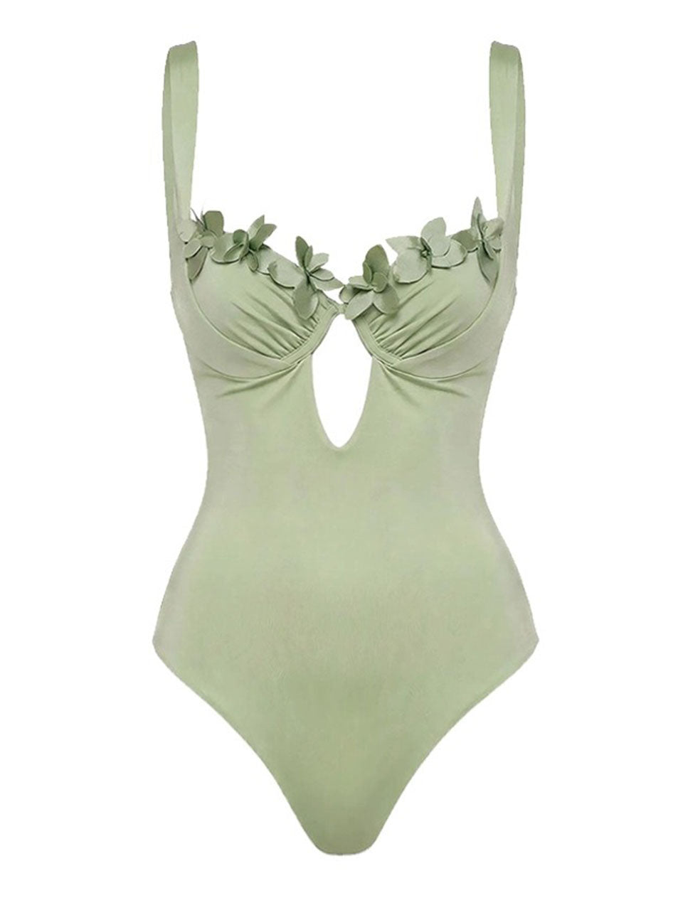 2PS Sage Green Floral One-Piece Swimsuit Wave Trim Sarong Wrap Skirt Set
