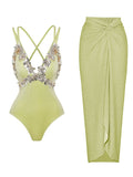 Mint Green Metallic Blossom Luxury Crisscross Back Shimmering  One-Piece Swimwear & Draped Sarong Set