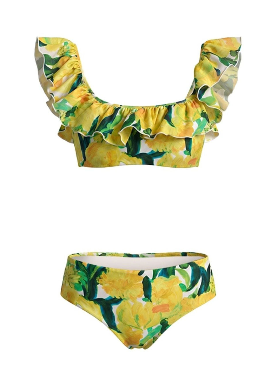 Yellow Lemon Floral Print 3 Piece Bikini Set