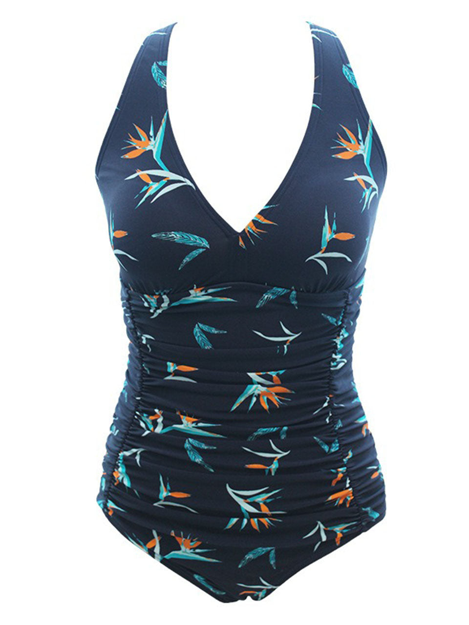 One Piece Swimsuit Retro Floral Bathing Suit V Neck Ruched Tummy Control Monokini