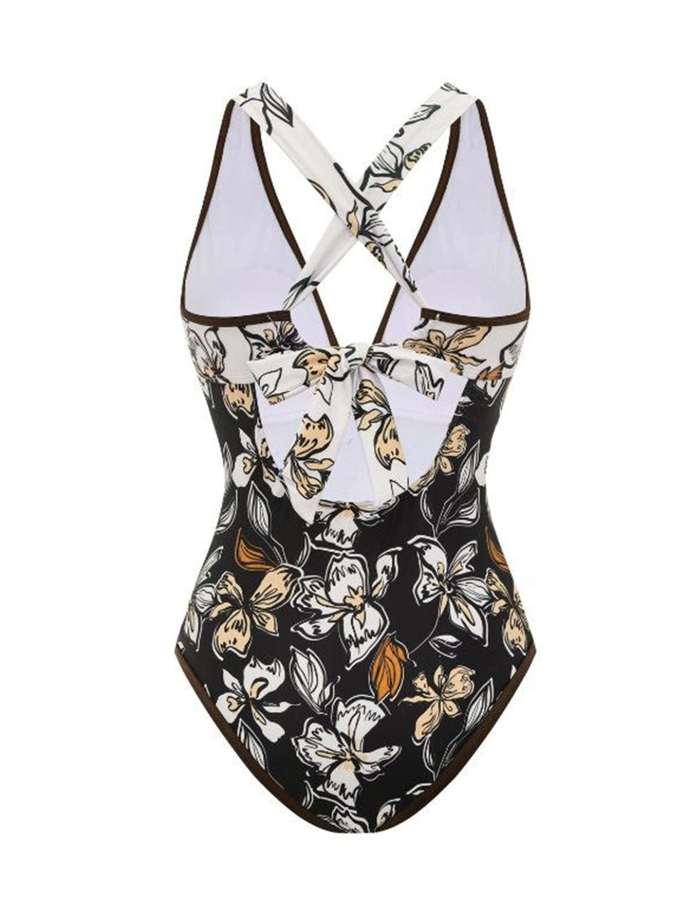 Black and Brown Floral Print Criss-Cross One-Piece Swimsuit and Sheer Sarong Set