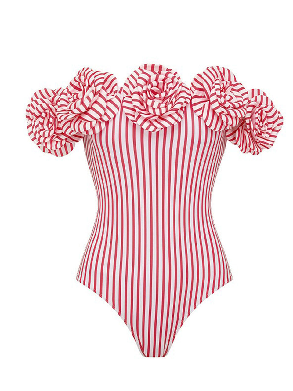 Barbiecore Pink and White Vertical Striped Strap Flowers One-Piece Swimsuit