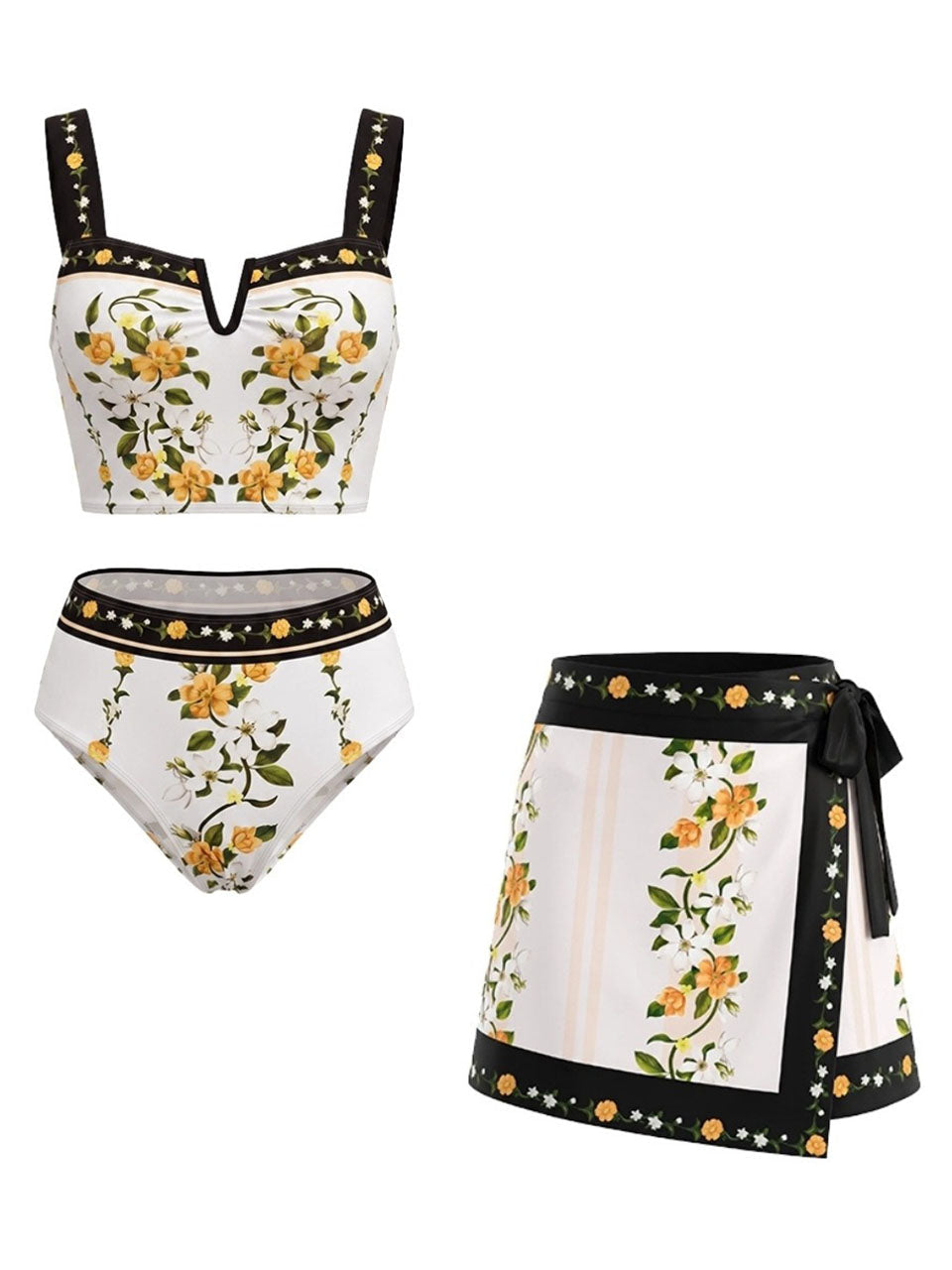 White Floral 3 Piece Bikini Set