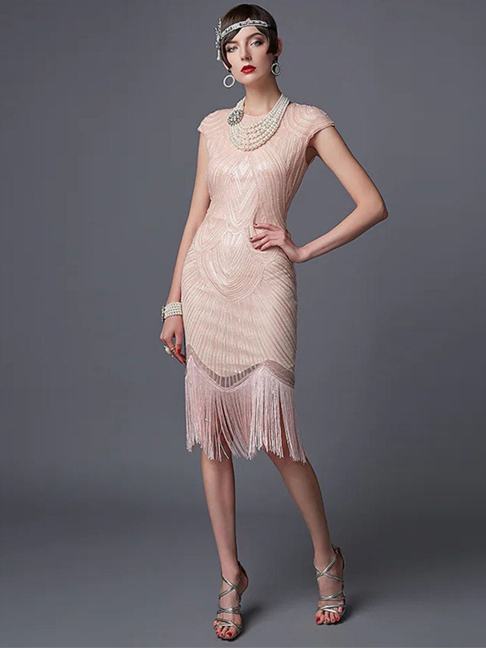1920s Champagne Fringed Sequined Flapper 1920s Great Gatsby Dress