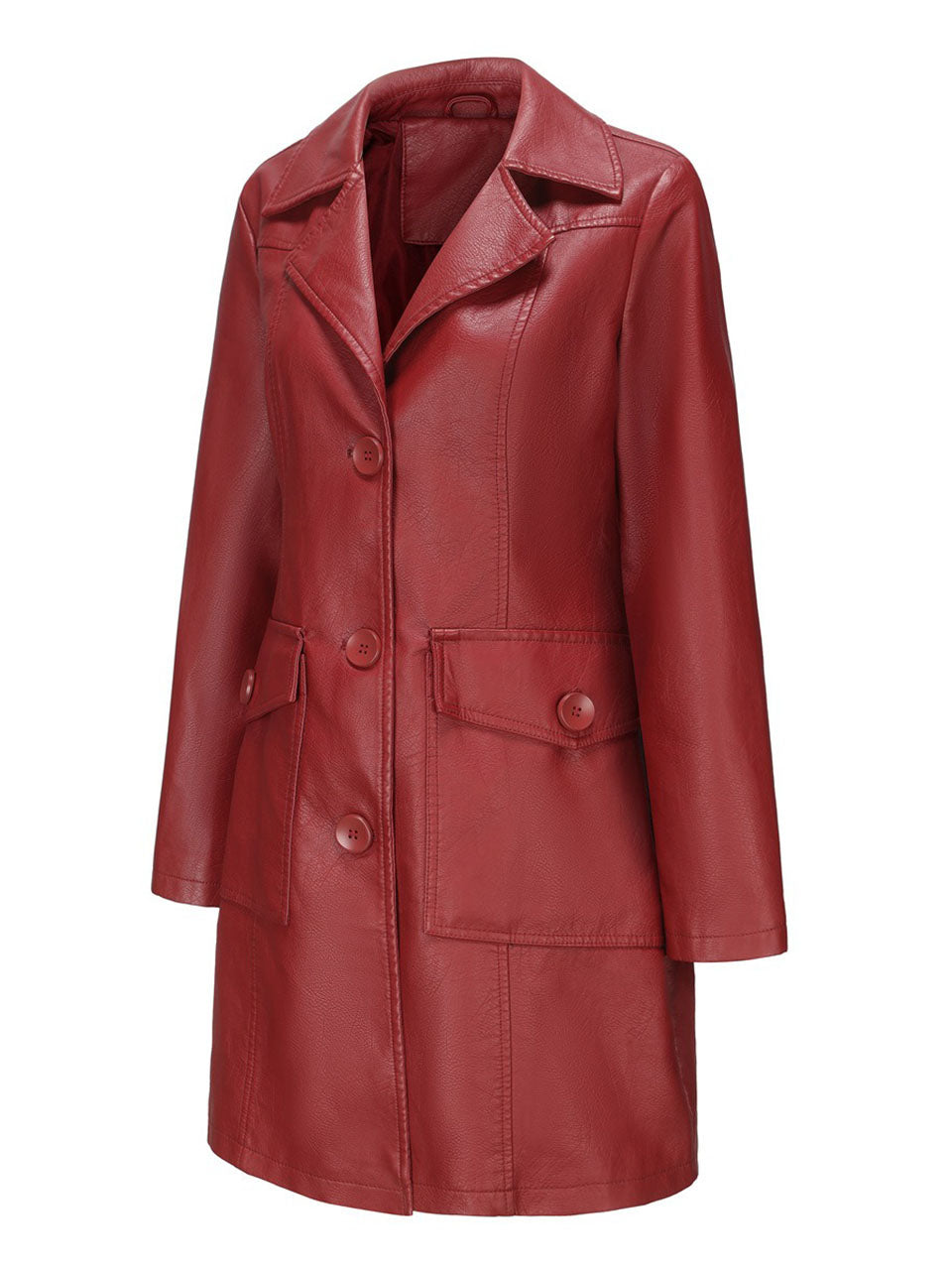 Vintage 90s Burgundy Red Faux Leather Trench Long Pu Coat