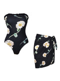 Black Vintage Floral Print Bandeau One-Piece Swimsuit
