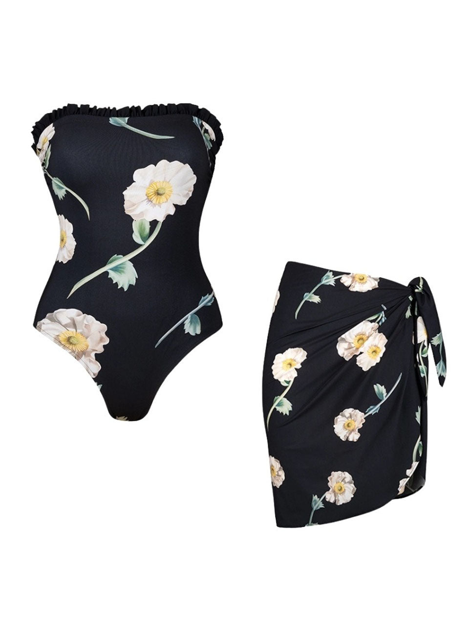 Black Vintage Floral Print Bandeau One-Piece Swimsuit